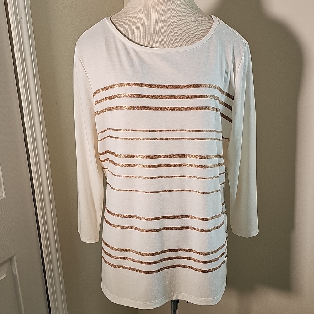 Liz Claiborne Glitter Striped Tunic Womens Size XL White Rose Gold Sparkle‎ Top